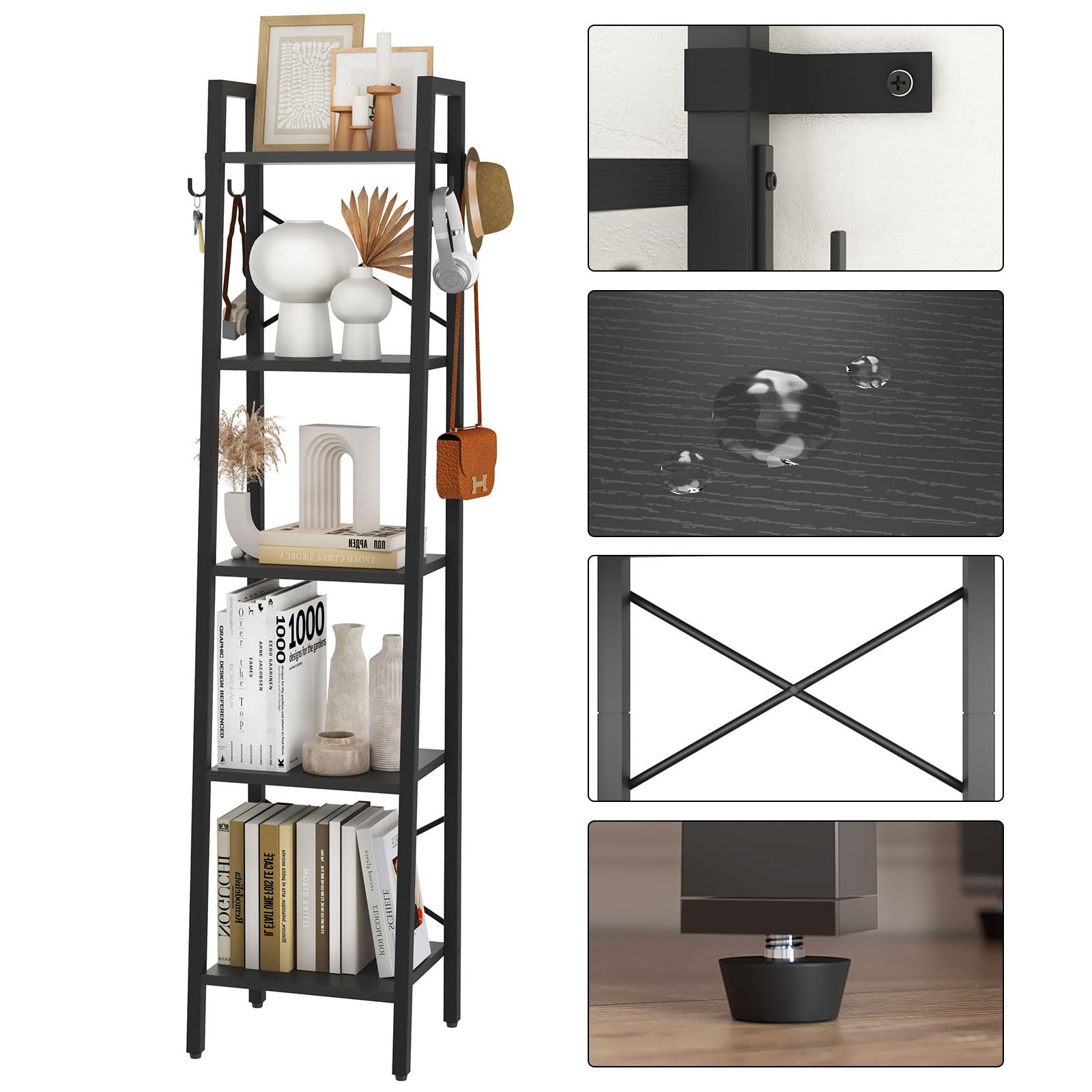 YMYNY 160CM Scaffale a Scala con 4 Ganci, Libreria a 5 Ripiani, Scaffale Portaoggetti, per Soggiorno Camera da Letto Cucina Studio, Stile Industriale, Struttura in Metallo, Nero HBC025B