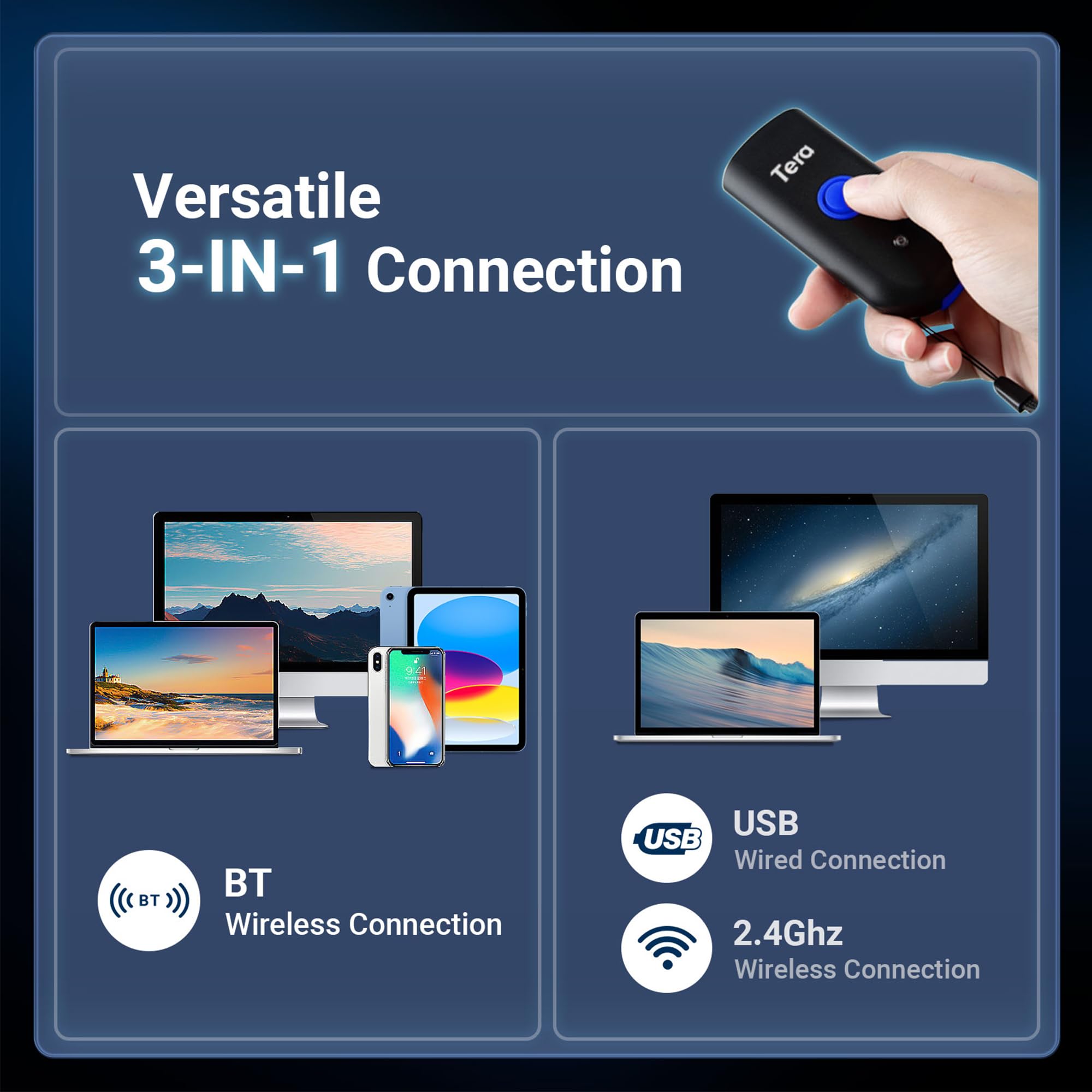 Tera Mini przenośny skaner kodów kreskowych, laserowy skaner kodów kreskowych 3 w 1, Bluetooth, kabel USB, bezprzewodowy 2,4G, do czytnika kodów kreskowych 1D, 1100 laserów