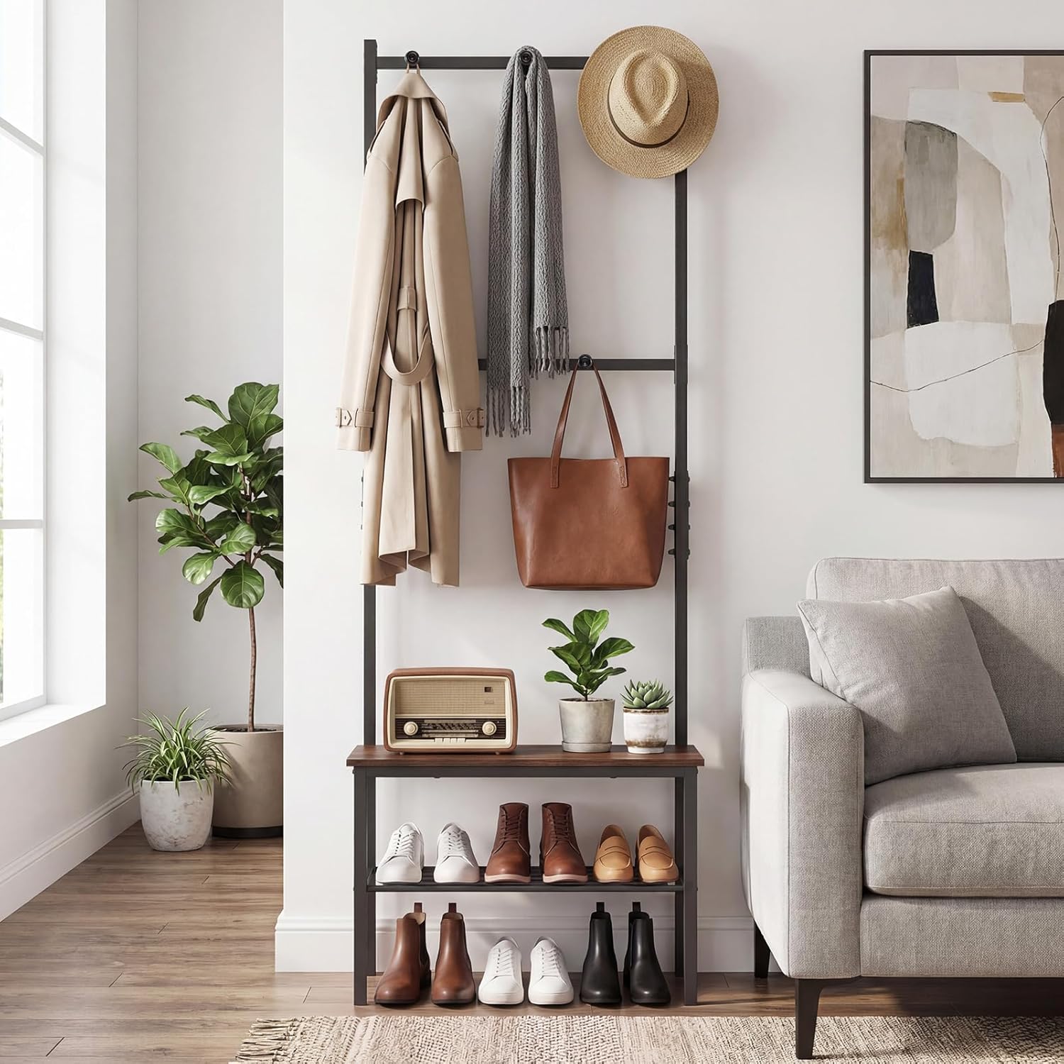 Giantex 3-in-1 Hall Tree with Bench and Shoe Storage, Freestanding Coat Rack with Hooks, Heavy Duty Metal Frame, Industrial Narrow Mudroom Organizer for Entryway Living Room Bedroom