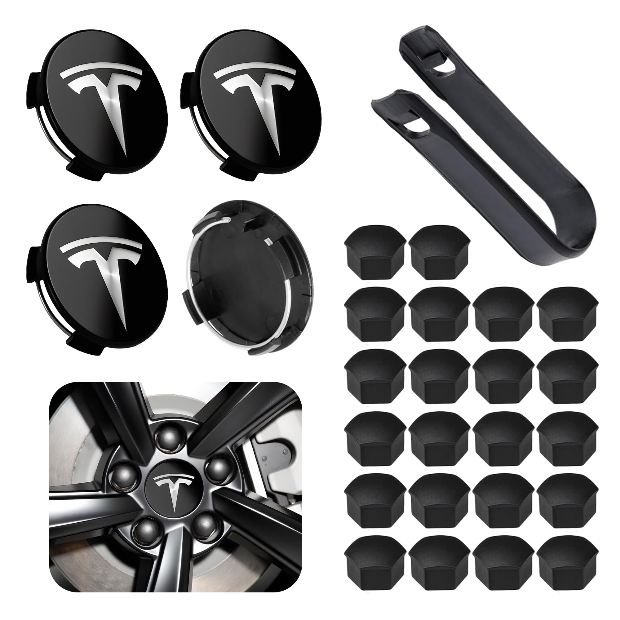 Powlamks 4 Pack Car Wheel Center Hub Cap Kit with 22 Lug Nut Covers, 2.2 in (56mm) Wheel Rim Covers Center Hubcaps with Emblem for Model 3 / Model Y, Black & Silver Exterior Decoration for Tesla
