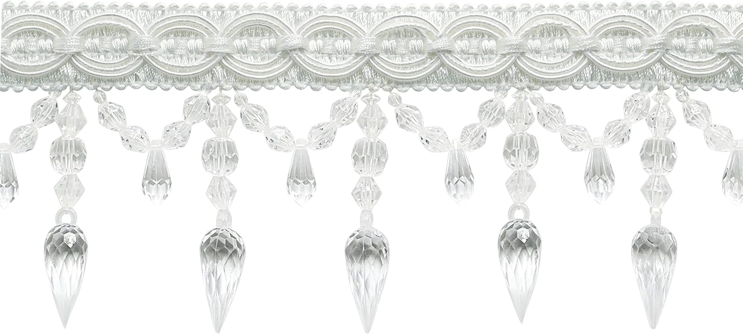 DÉCOPRO 3 3/4" (9.5cm) Decorative Beaded Fringe Trim with Fancy Gimp Header Large Teardrop Bead Design (Style# BF334) Pure White #A1 (Bright White) 27 Yard Package (82 ft/25m)