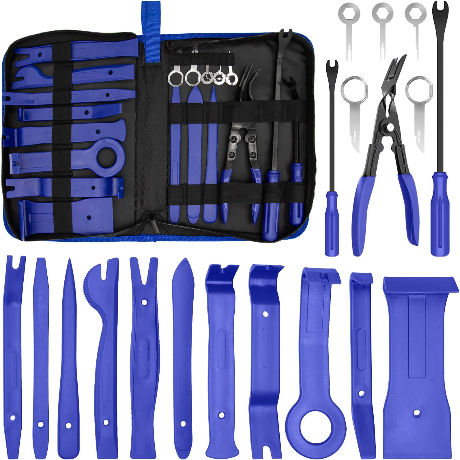 19pcs Trim Removal Tools Clip Pliers, Car Panel Door Audio Trim Removal Tool Kit, Auto Clip Pliers Fastener Remover Pry Tool Set with Storage Bag, for Door Panel, Moldings, Emblems, Window Trims