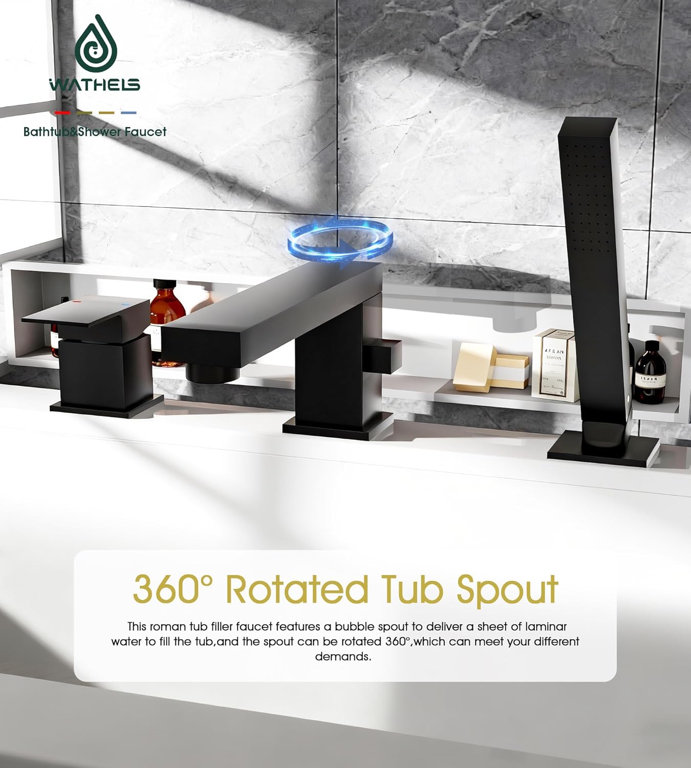 Modern Roman Tub Faucet with 360° Rotated Spout, Deck Mount Bathtub Faucet with Hand Shower, Widespread 3 Holes Bath Tub Filler Faucet Rough In Valve Included (Black)
