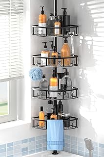 4-Tier Rustproof Corner Shower Caddy with Tension Pole, 42-115 Inch Adjustable Height Shower Organizer, Shower Shelves with Hooks, Freestanding Bathroom Organizer - Black