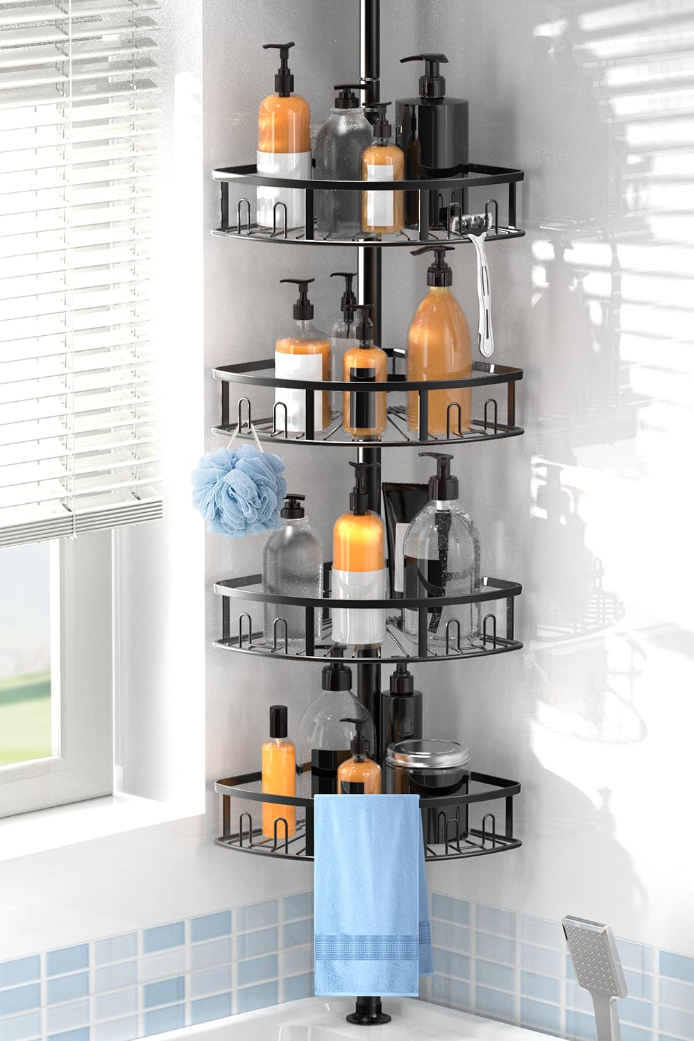 Peyulia 4-Tier Rustproof Corner Shower Caddy with Tension Pole 42-115 Inch Adjustable Height Shower Organizer Shower Shelves with