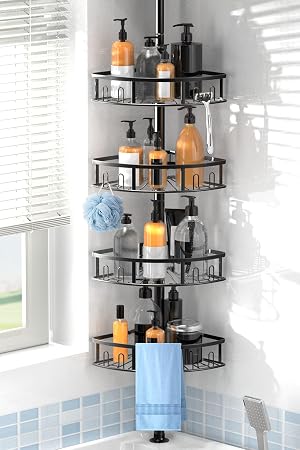 Peyulia 4-Tier Rustproof Corner Shower Caddy with Tension Pole 42-115 Inch Adjustable Height Shower Organizer Shower Shelves with