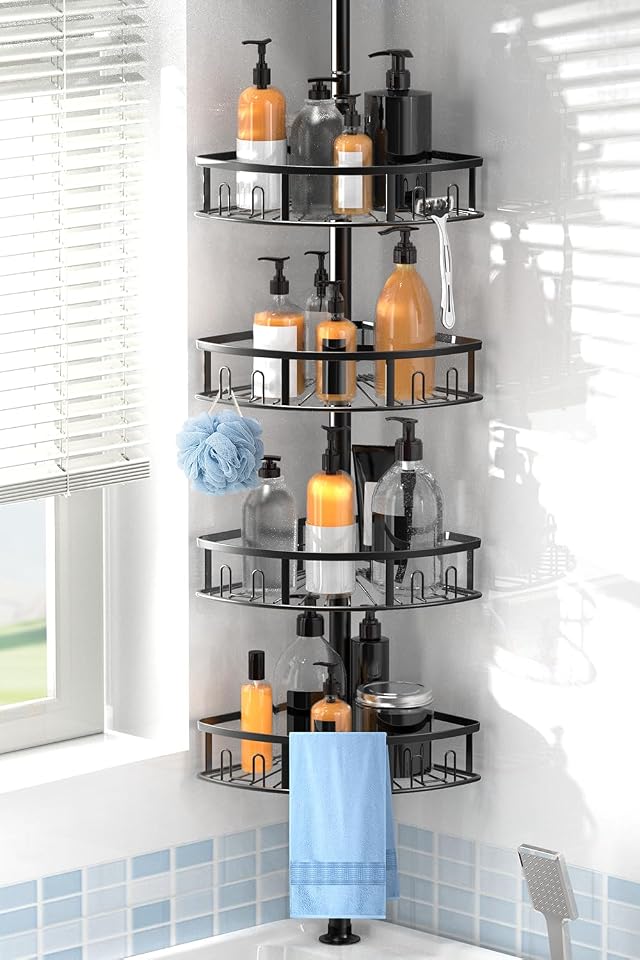 Peyulia 4-Tier Rustproof Corner Shower Caddy with Tension Pole 42-115 Inch Adjustable Height Shower Organizer Shower Shelves with