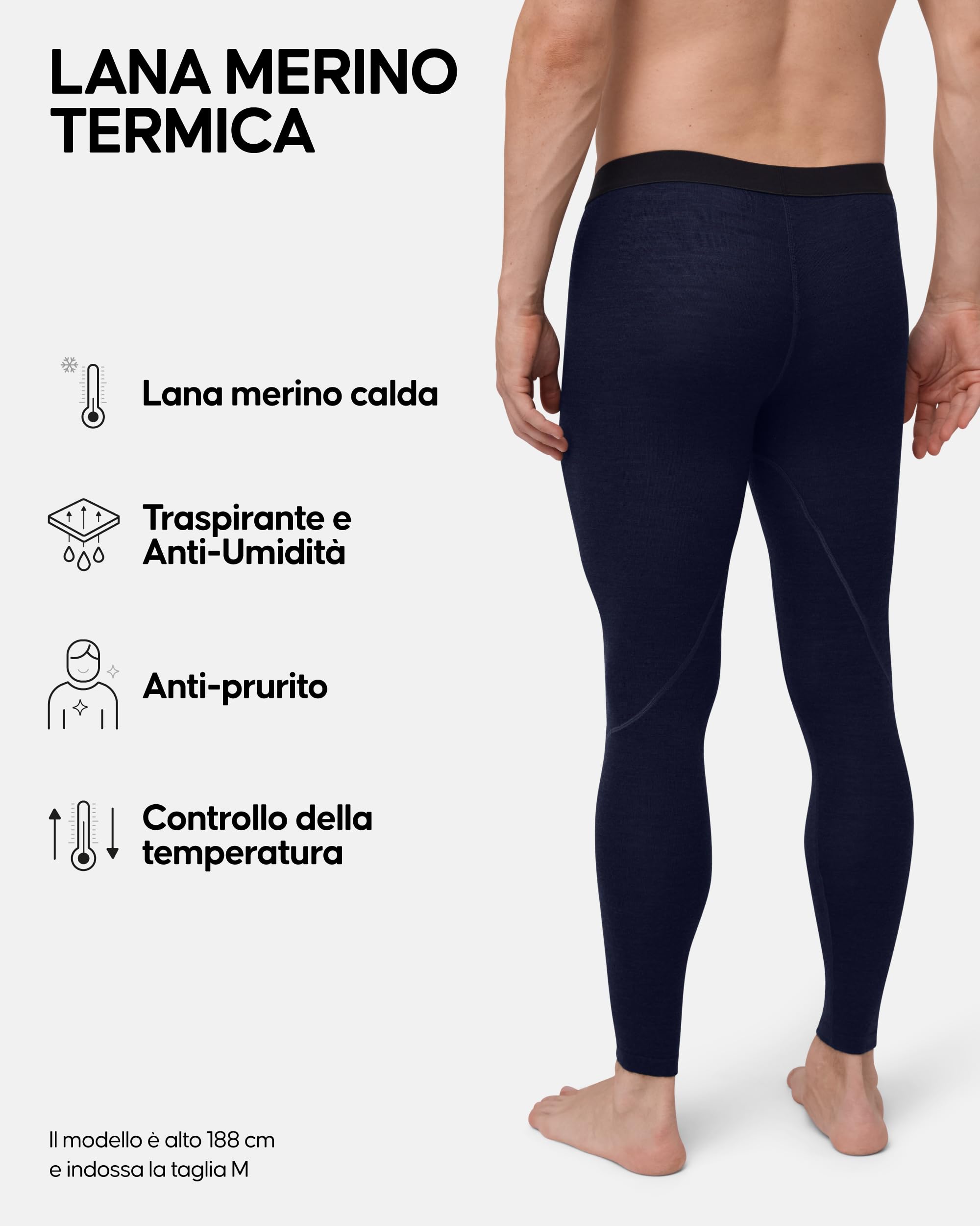 DANISH ENDURANCE Pantaloni Termici Uomo in Lana Merino, Leggings Invernali per Sci, Trekking, con o Senza Apertura Frontale