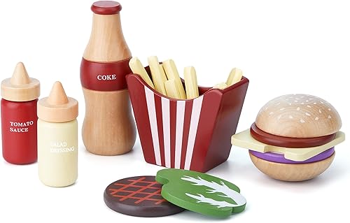 Miniatura 1 de Juego de comida de madera para niños, juego de hamburguesas de juguete de comida rápida, accesorios de cocina para niños pequeños, regalo de comida