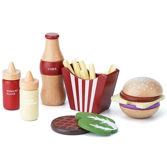 Toywoo Juego de comida de madera para juegos de simulación, hamburguesa, sándwich, papas fritas y más
