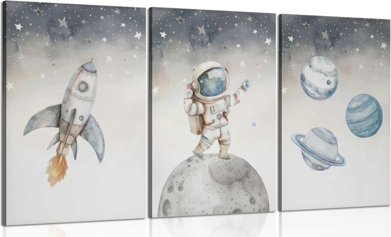 3Pcs Nursery Astronaut Canvas Wall Art Kid Space Adventure Prints Rocket Spaceman Pictures Wall Decor Explore Dream Galaxy Posters Painting for Boys child Bedroom Living Framed