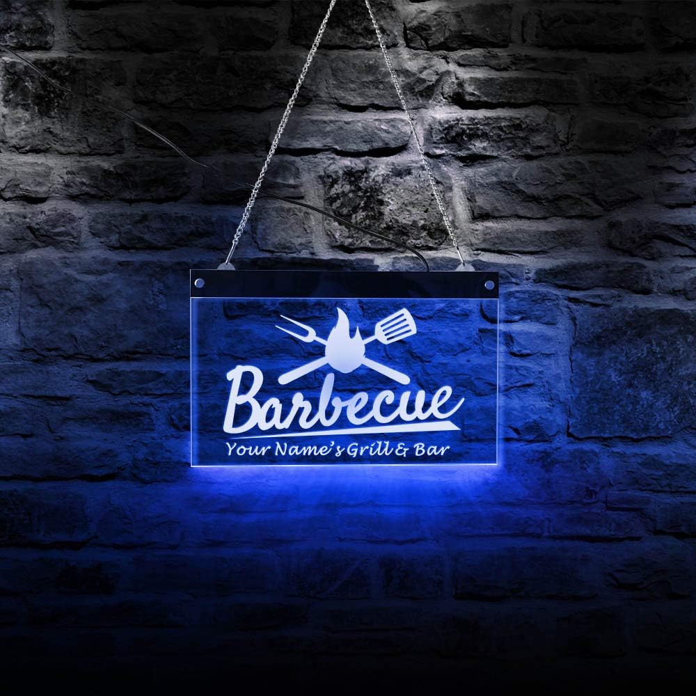 The Geeky Days Personalized Your Name Grill Bar Barbecue BBQ Modern LED Lighting Neon Sign Outdoor Patio Chef Grill Hanging LED Lighted Business Sign Wall Art Decor