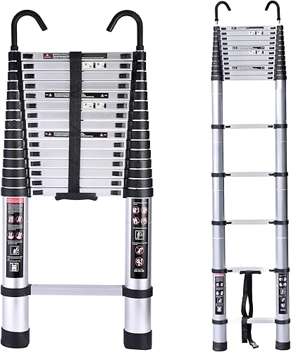 Escalera telescópica de 15.5 pies, escalera plegable de aluminio con 2 ganchos desmontables, escalera de extensión portátil con pies antideslizantes
