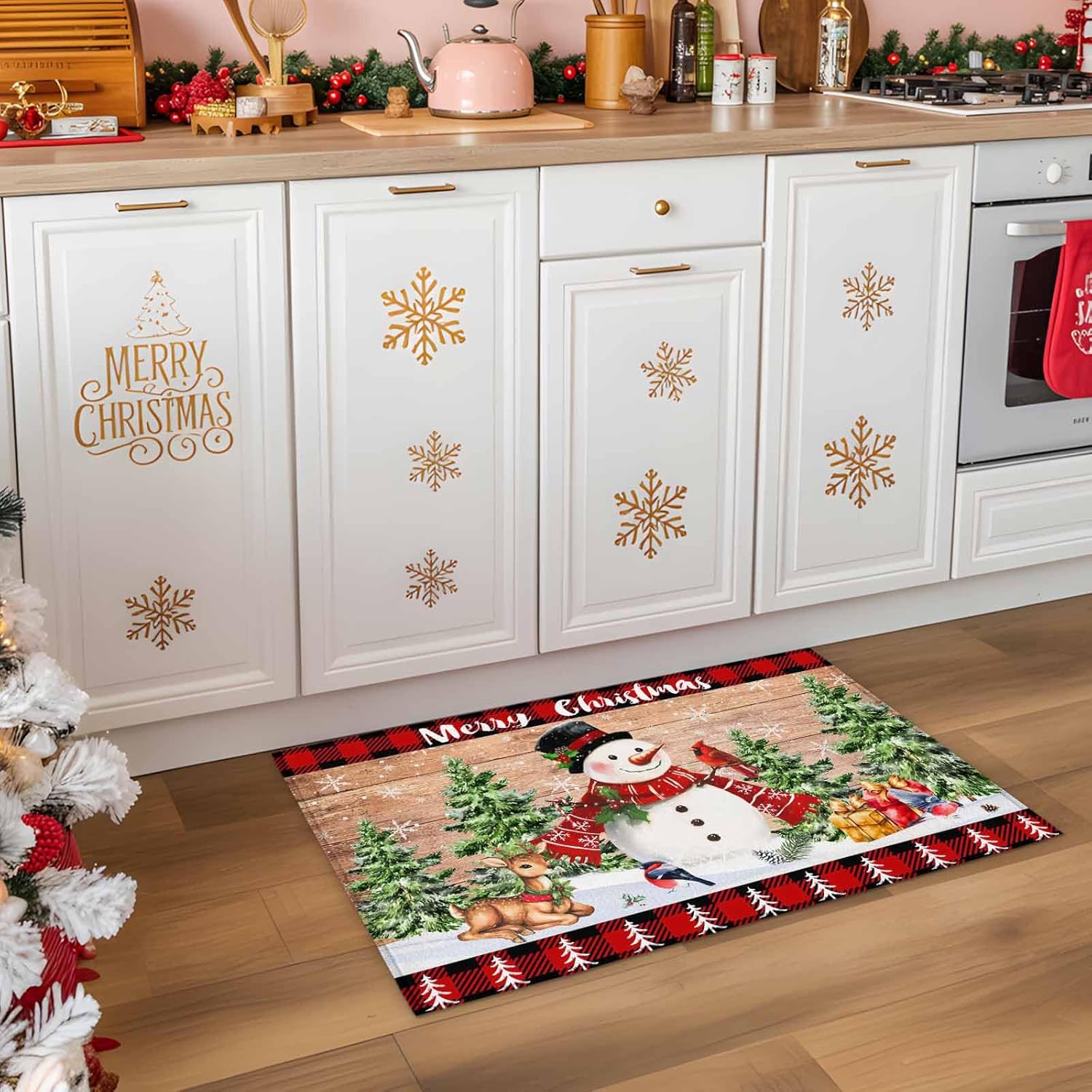 Christmas Snowman Doormat 16 x 24 Inch Christmas Tree Welcome Entryway Rugs Elk Deer Front Door Mat Black Red Buffalo Plaid Brown Wood Grain Absorbent Non-Slip Floor Mats for Kitchen Bedroom Bathroom