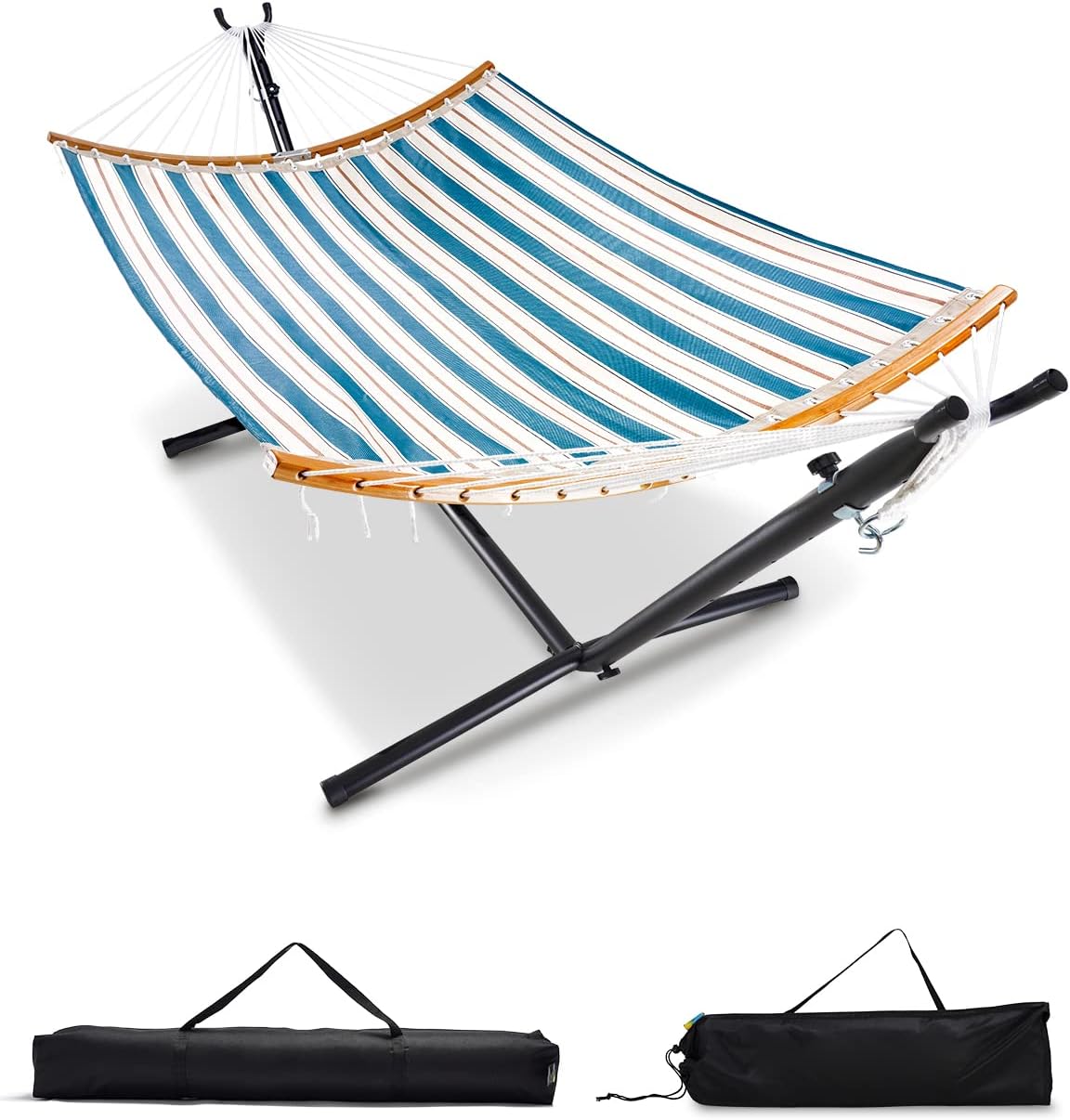Quick Dry Hammock with Stand Outdoor Poolside Beach Patio Yard Hammocks, Waterproof UV Resistance, 2 Person 550 Pound Capacity, (Blue White Stripes)