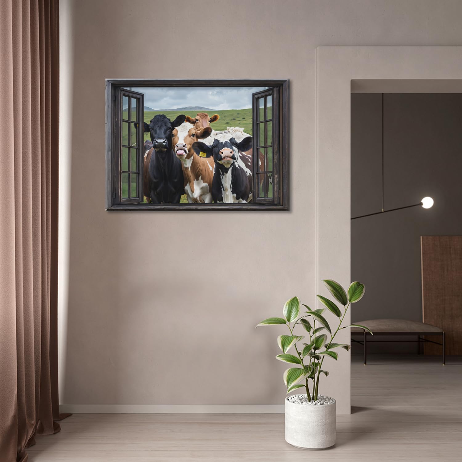 GLOKAKA Farmhouse Cow Wall Art Rustic Funny Friends in The Window Landscape Cattle Canvas Print Picture Farm Animal Painting Artwork for Bathroom Bedroom Living Room Decor - Image 4