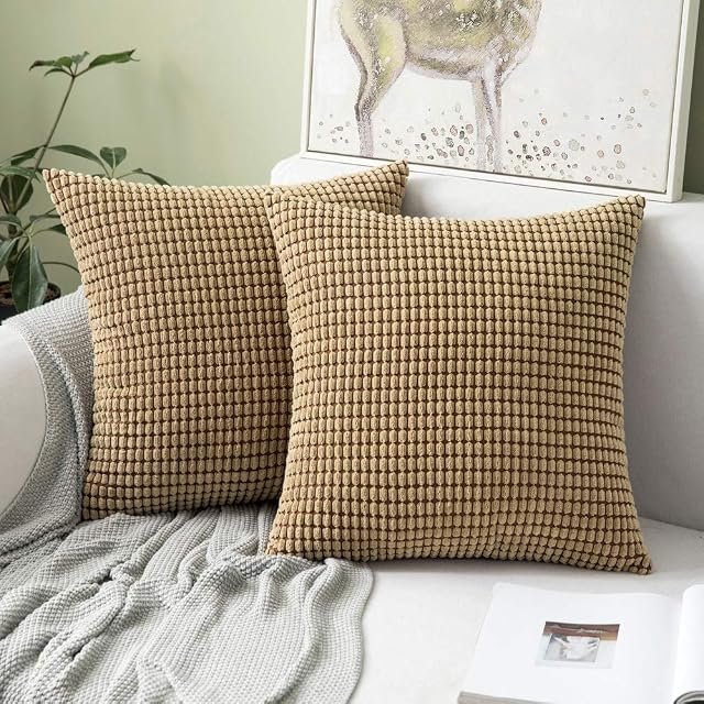 MIULEE Set of 2 Decorative Corduroy Cushion Covers 20x20 Inches, 50cm x 50cm Striped Solid Square Throw Pillow Cases for Sofa Couch Home Bedroom Brown