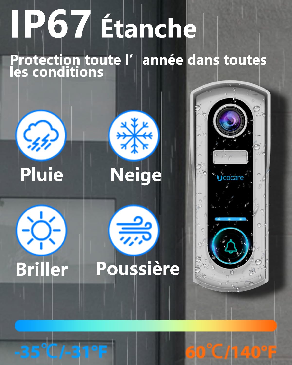 UCOCARE Sonnette sans Fil avec Camera, 2K/4MP Sonnette sans Fil Exterieur Etanche, Détection Humaine PIR, Vision Nocturne Couleur, IP67 Étanche, Supporte Le Stockage Cloud (Carillon de Batterie)