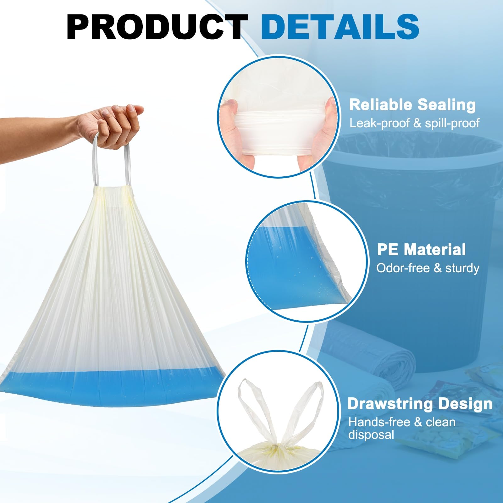 QUARKZMAN 120 Bolsas De Basura Con Cierre De Cordón, 8.7 Galones 24" Bolsas De Desechos, Forros Para Cubos De Basura Sin Aroma Diseño Anti-Roturas Para Hogar Oficina Cocina De Blanco