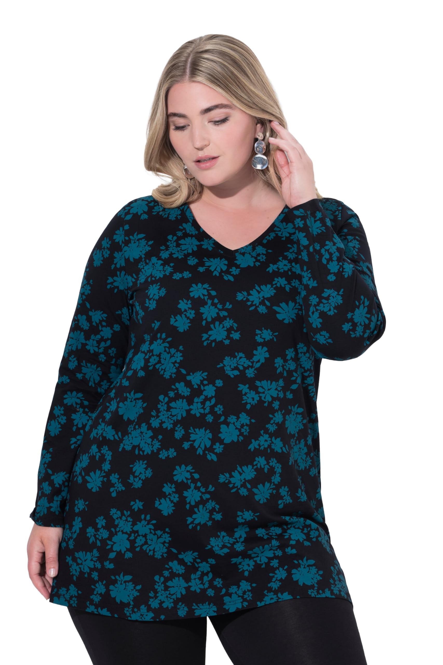 Ulla Popken Damen große Größen Übergrößen Plus Size Longshirt, Blüten, A-Linie, V-Ausschnitt, Langarm 844576