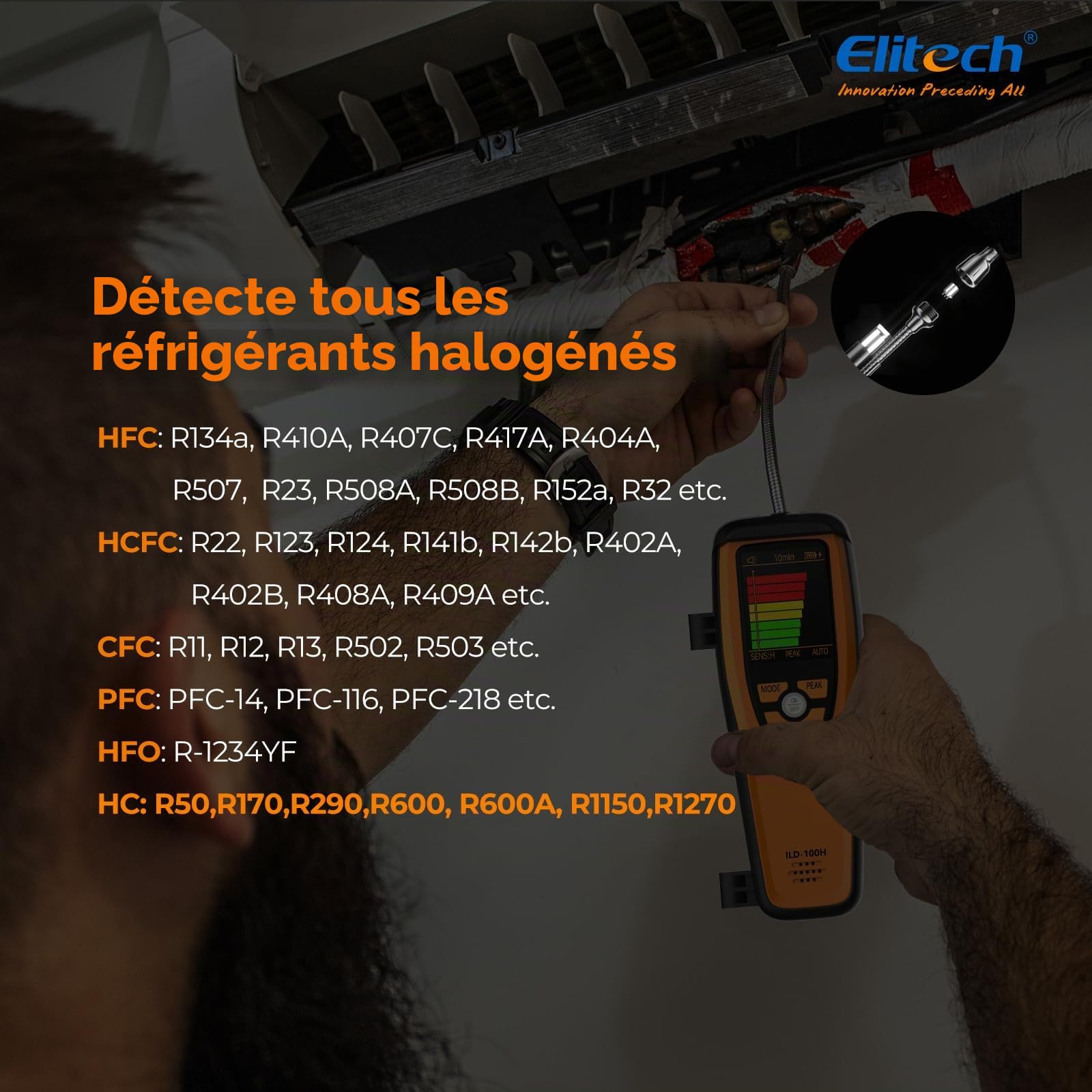 Elitech Détecteur de Fuite de Réfrigérant Diode Chauffée - Outil de Détection de Fuite Halogène pour Climatisation Automobile CVC R32 R404A R134A etc., ILD-100H