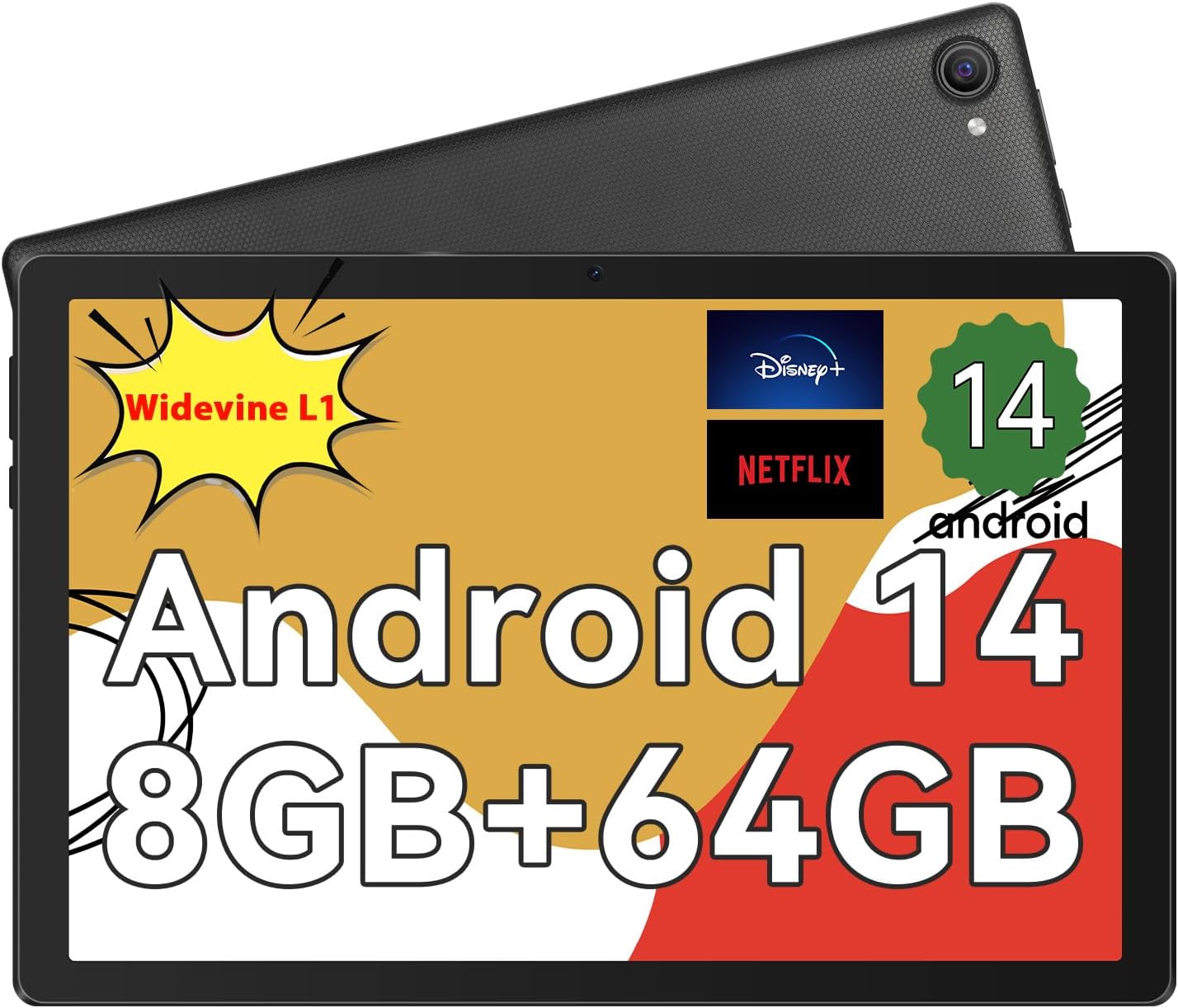 HiGrace Tablet 10 inch Android 14 Tablet Octa-Core Tablet with OTG Transfer and Wi-Fi 6G Widevine L1 8GB+64GB+1TB TF 5000mAh Type- C Headphone jack Face Recognition Tablet PC – Black