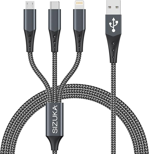 SIZUKA Charger Cable, Multi Charger Cable [1.2M] 3 in 1 Multiple USB Cable Nylon Braided with iPhone Micro USB Type C Cable Connector for iPhone, Android Samsung, Huawei, Nexus, Nokia,LG, Sony, PS4