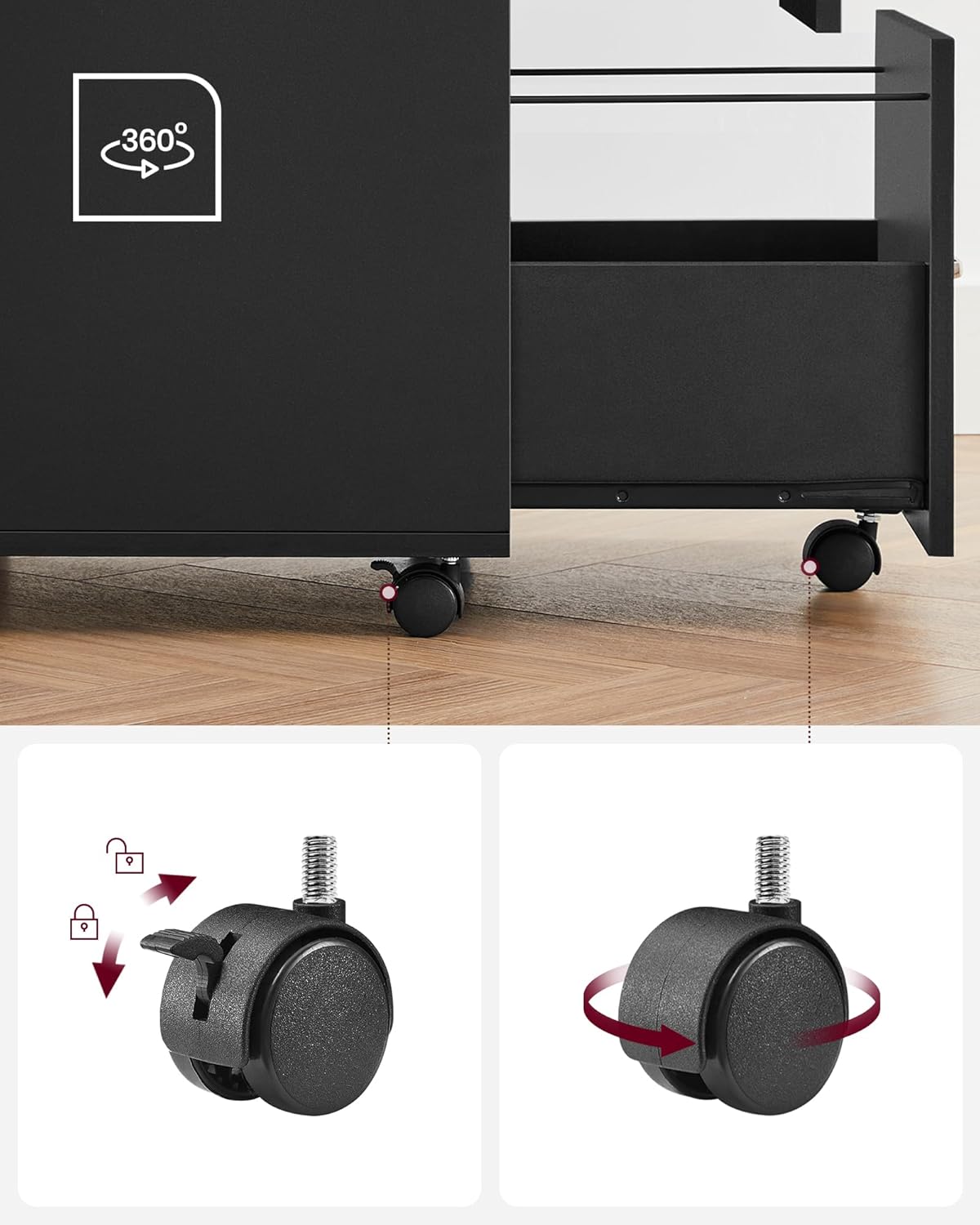 Close-up of the casters on the filing cabinet, showing the locking mechanism