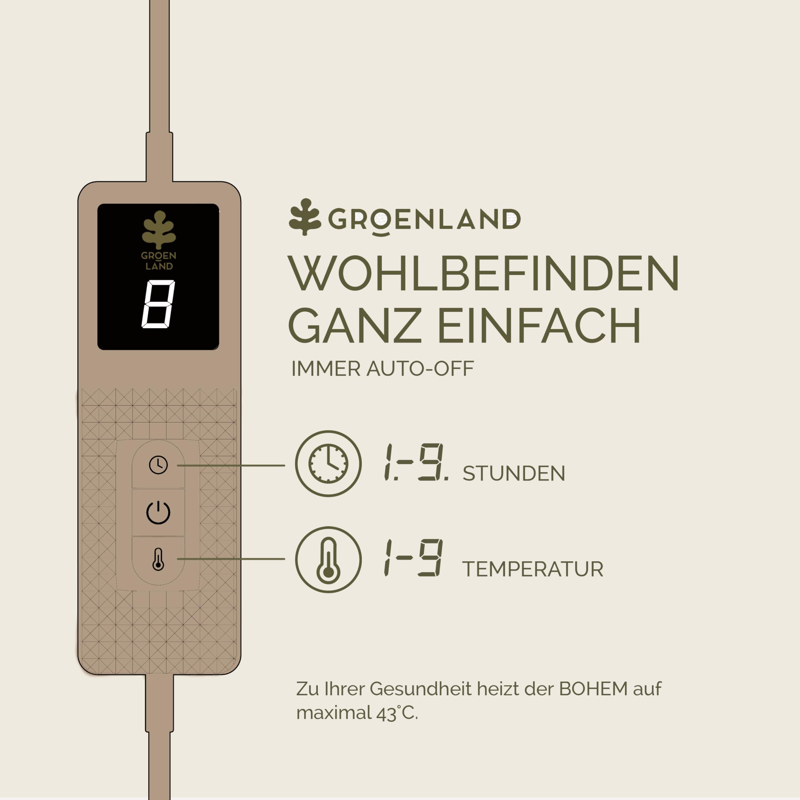 Groenland BOHEM Sofa Heizdecke 180 x 130 cm – Wärmedecke mit 9 Heizstufen & Auto-off-Timer bis 9 h – Elektrische Heizdecke mit Abschaltautomatik – Beheizte Decke für Bett, maschinenwaschbar Umber wood