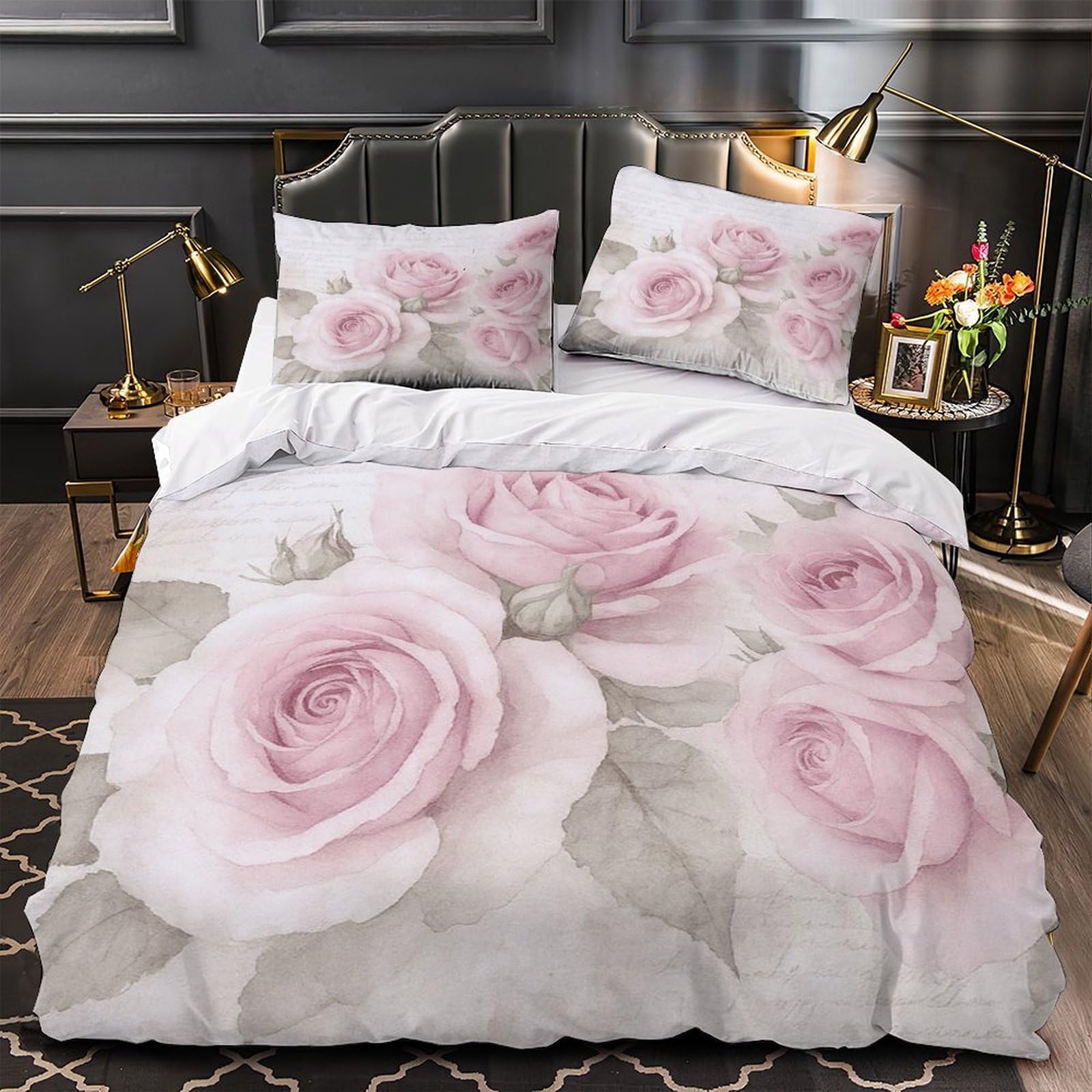 Parure de lit en microfibre avec housse de couette imprimée 3D fleurs vintage