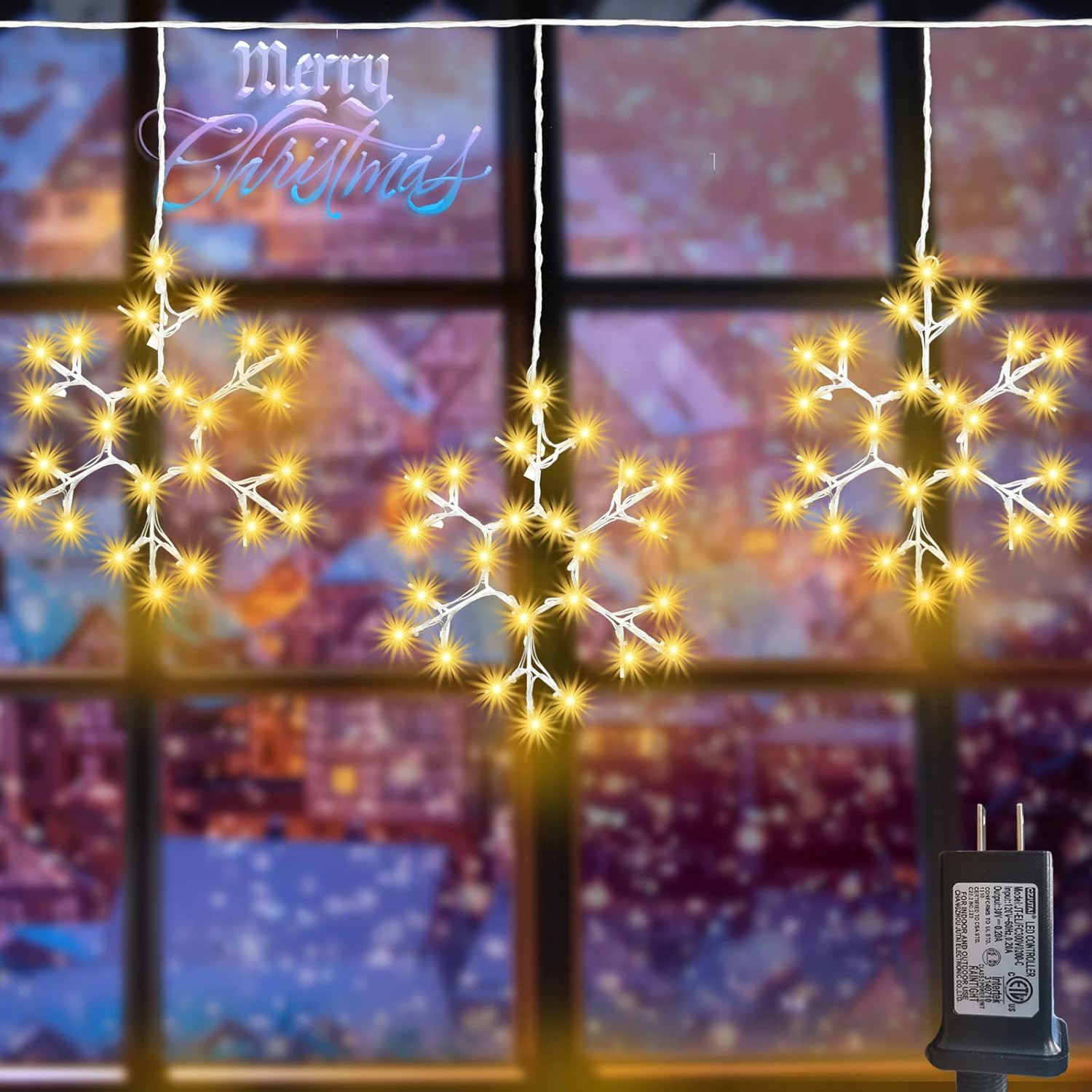 Christmas Snowflake Icicle Lights - Outdoor/Indoor Wet & Dry, Warm White Hanging 3 Pcs Large Snowflake Window & Tree LED Fairy String Lights for Roof Patio Home Decoration