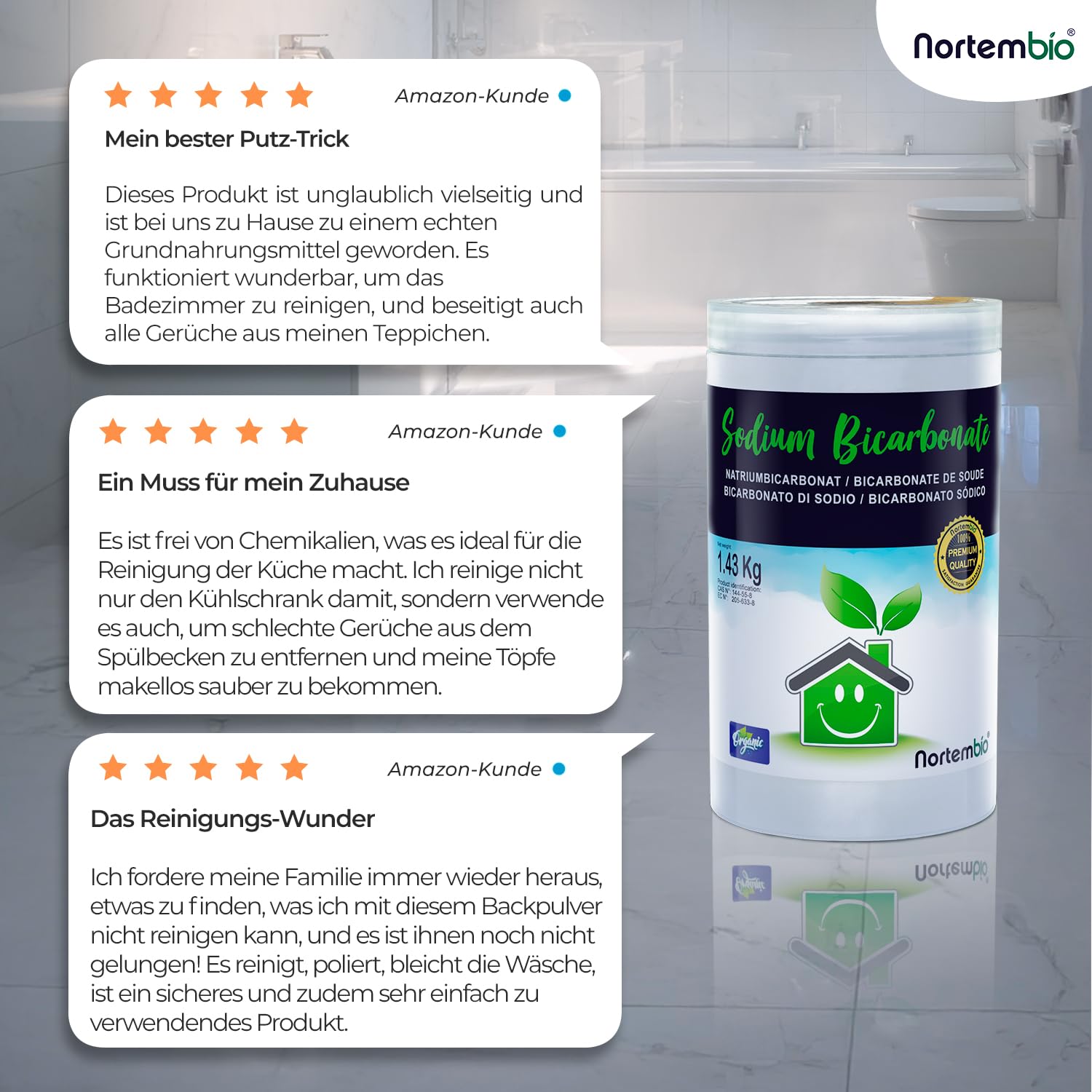 Nortembio Natron 4 x 6 kg 100% natürlich für die vielseitige Reinigung. Ohne Aluminium. Entfernt Gerüche und Schmutz. Küche, Bad, Textilien. E-Book inklusive