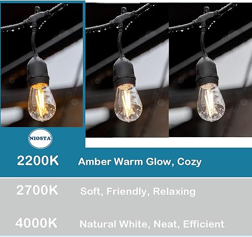 Miniatura 5 de NIOSTA Cadena de luces colgantes para exteriores de 24 pies con 12 bombillas LED regulables, estilo vintage, de grado comercial, resistente a la