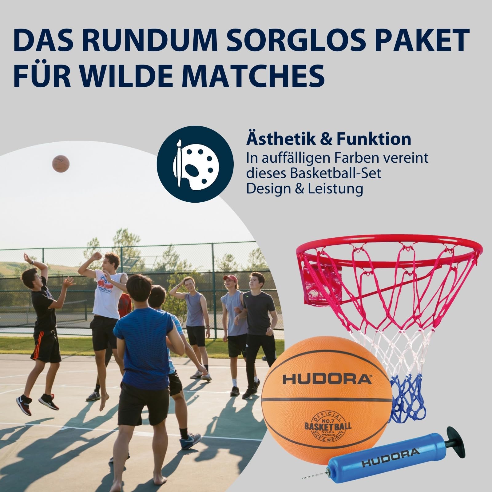 HUDORA Basketball-Set Slam It - Set Mit Korb, Ball Größe 7 & Handpumpe - Robuster Korb Für Drinnen & Draußen - Aus Gummi Für Kinder & Erwachsene