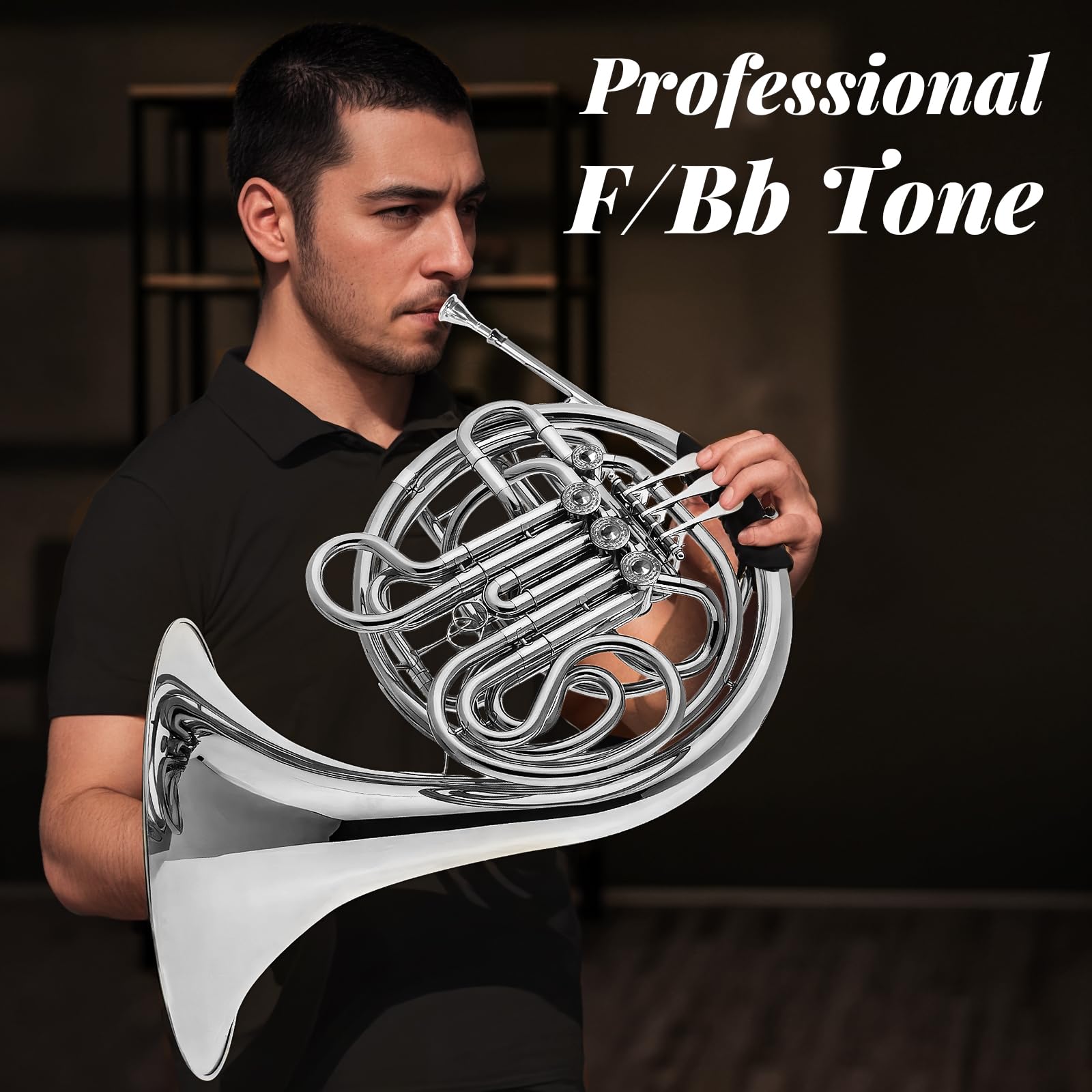Double French horn, French horn, 4-button F/B tuning, select brass, one-piece French horn design, comes with backpack, gloves, cleaning cloth, and cleaning tool kit(silver, all-in-one)