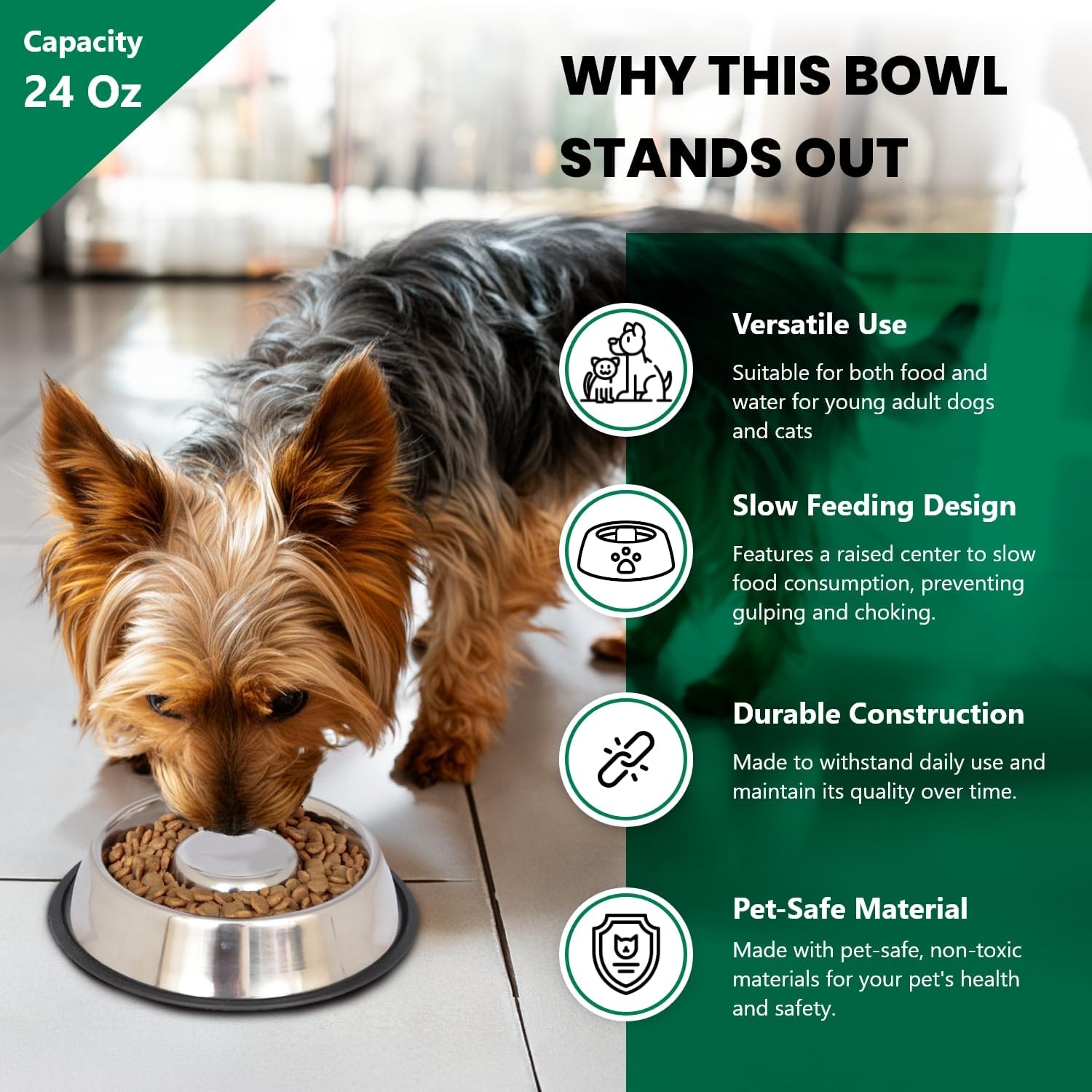 Iconic Pet Set of 2 Stainless Steel Non-Skid Slow Feed Bowls for Medium Dogs (24 oz) - Ideal for Food and Water, Durable Design with Raised Center