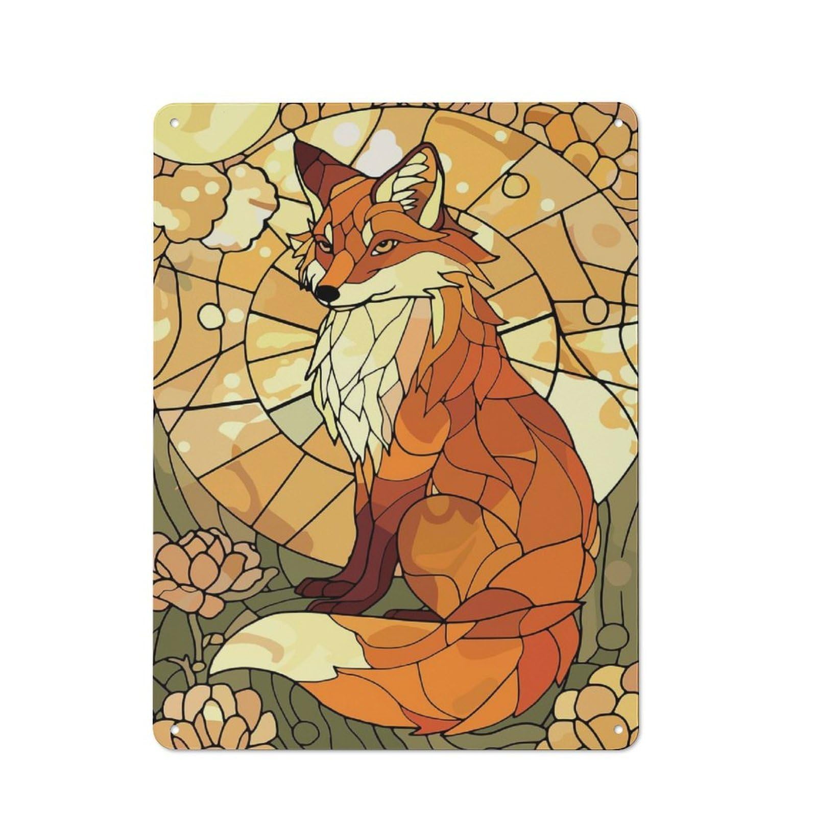 Junmoney Style-24 Tin Wall Plaque 40X30cm With Stained Glass Fox With Floral Background For Studio Or Craft Room, Suited To Studio Decor Lovers