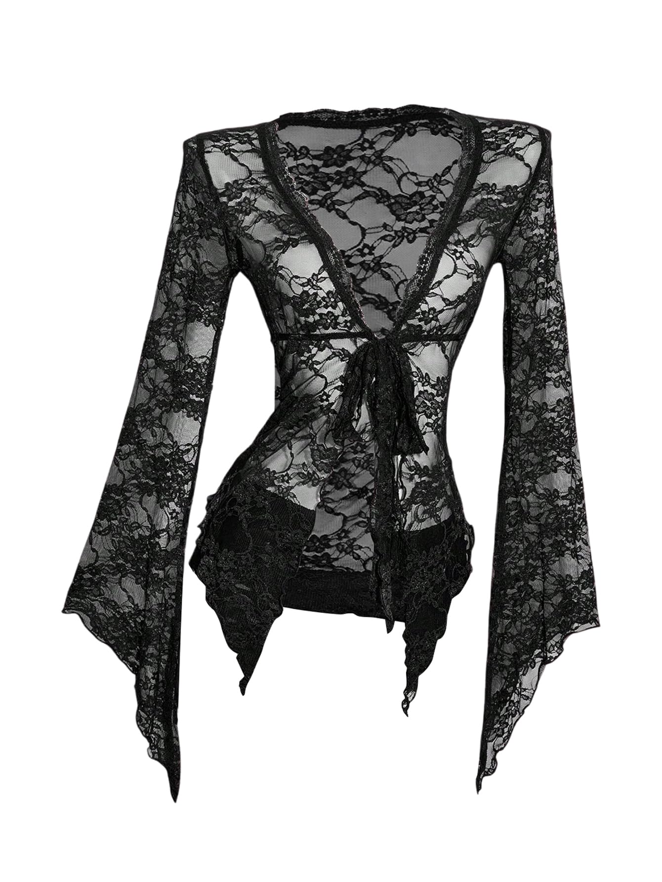Milumia Womens Sexy Lace Bell Long Sleeve Tie Front Cardigan Sheer Mesh Y2K Rave Tops