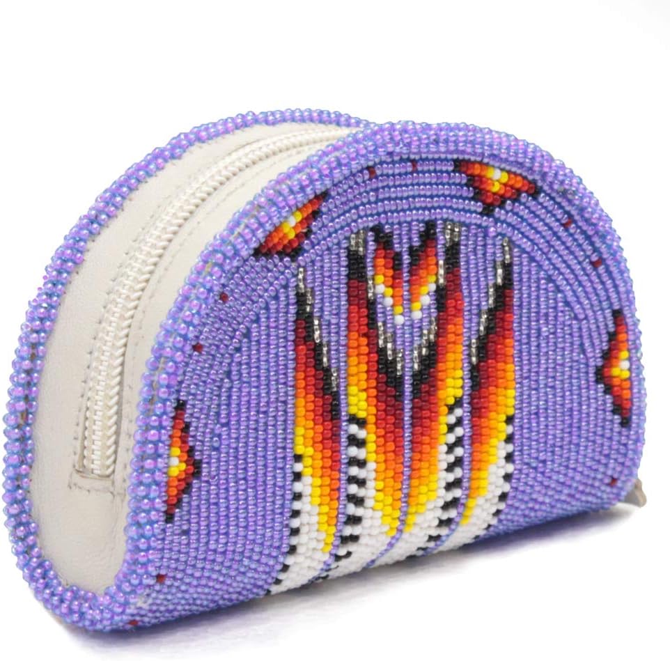 Small Change Purse for Women Coin Purse Purple - Beaded Handmade Mini Wallet Zipper - Native American Czech Glass Seed Beads Leather Pouch Cute Vintage Gift Wristlet Travel Compact