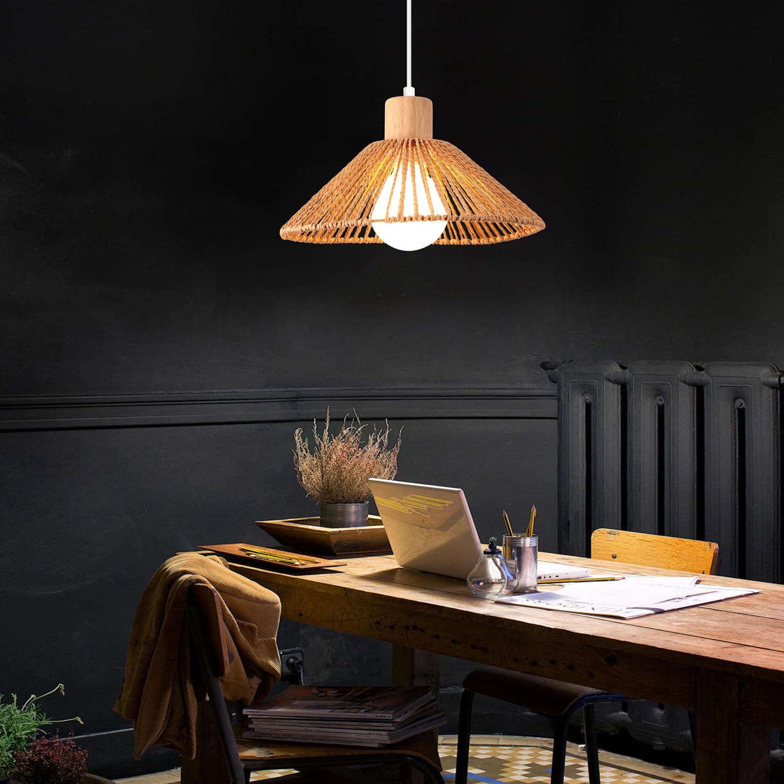 iDEGU Lot de 3 Suspensions Luminaires en Rotin et Bois Vintage Plafonnier Abat-jour Tissage Rétro Lustre Style Bohème E27 Lampe de Plafond pour Chambre Salon Cuisine Café Restaurant (26CM, Marron)