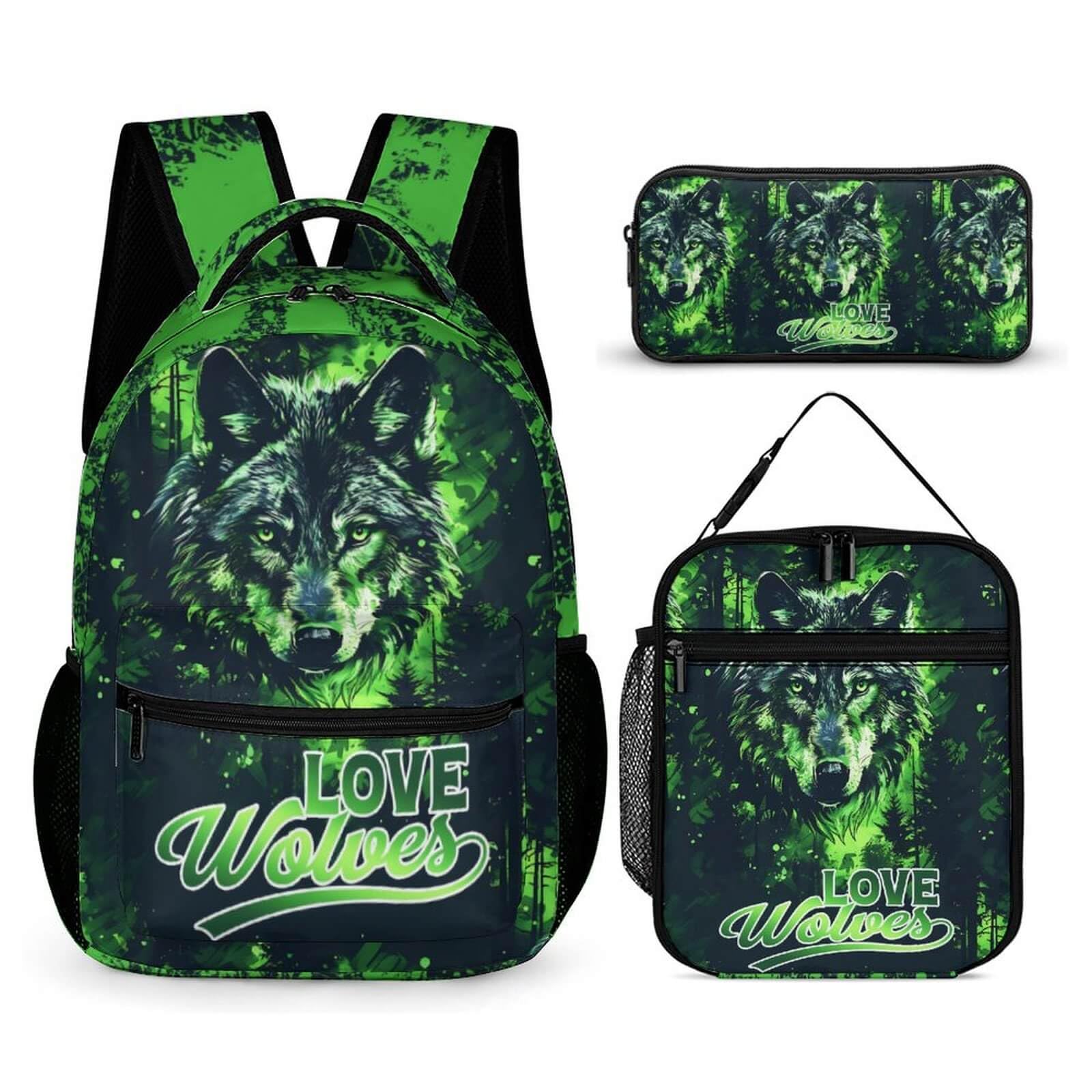 Homieblanket Wolf Backpack with Lunch Box & Pencil Case, 16 Inch Cute Wolves Themed Bookbag, Adjustable Lightweight Large Capacity, Colorful Backpacks Set for Kids Girls Boys