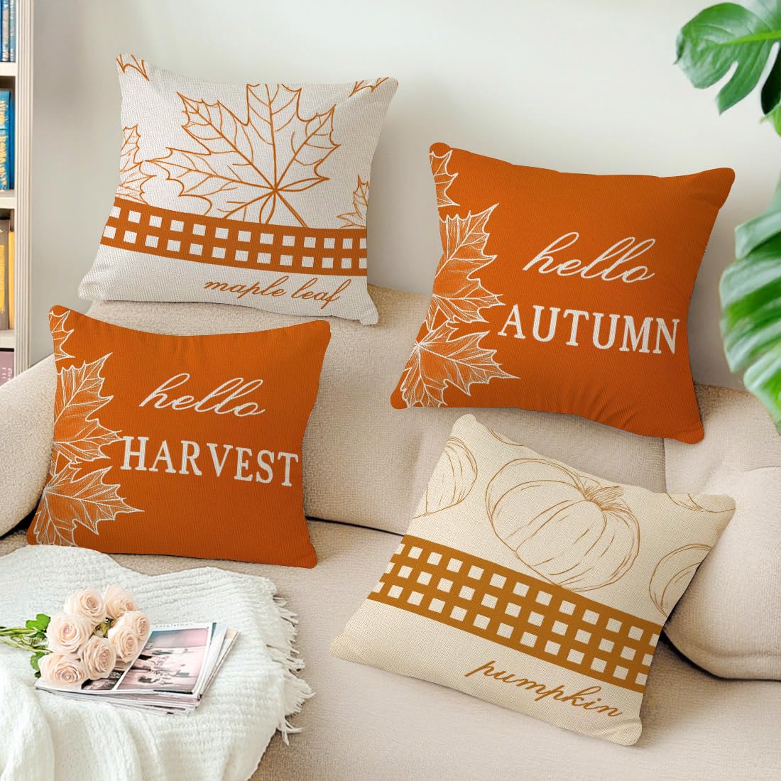 LANBEIDE Orange Pumpkin Maple Autumn Cushion Cover 45x45 Set of 4 - Image 2