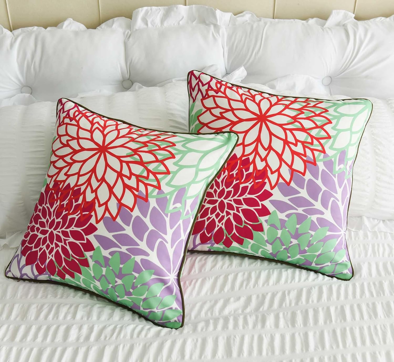 Sets of 2 Outdoor/Indoor Square Pillow Cover 18X18 Inches with Colorful Flower Leaves Pattern,Cover Only (Green/Purple)
