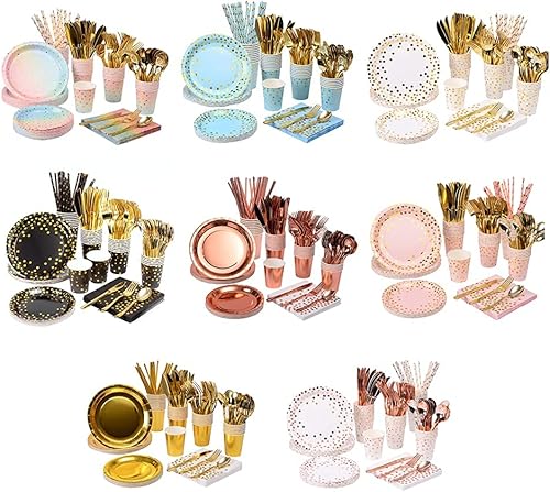 Miniatura 6 de 200 piezas de suministros de fiesta dorados, platos y servilletas dorados, cubiertos para 25 juegos para bodas, despedidas de soltera, compromisos,