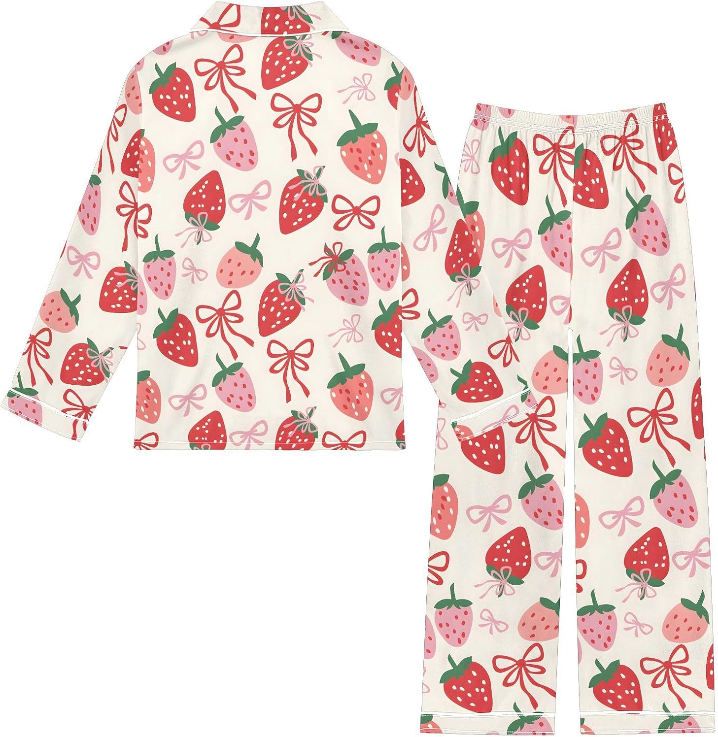 Strawberry Lines Bow Satin Pajama Sets Long Sleeves Nightwear Button Down Sleepwear