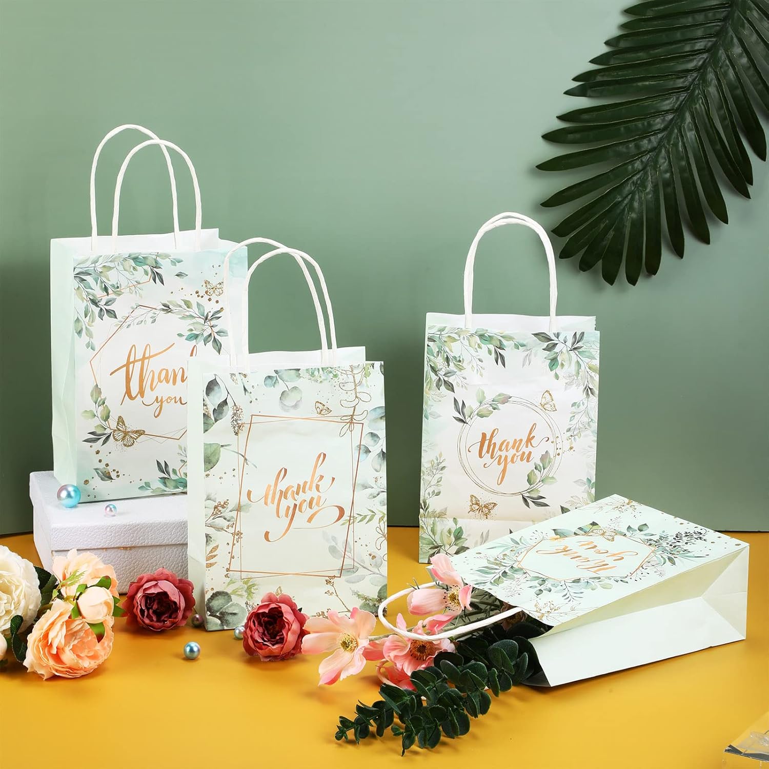 48 Pcs Thank You Gift Bags Floral Design Thank You Bags Wedding Small Paper Thank You Kraft Bags Floral Gift Bags for Business Shopping Gifts Clothing Wedding Favors(Leaves Style)