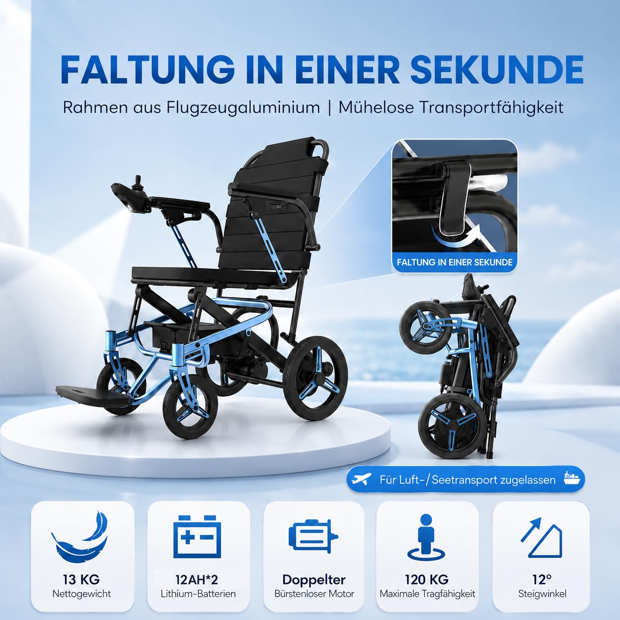 Fauteuil roulant électrique pliable de 13 kg, avec éclairage LED, portée de 48 km + avec 2 piles au lithium, fauteuil roulant électrique tout-terrain, fauteuil roulant motorisé portable