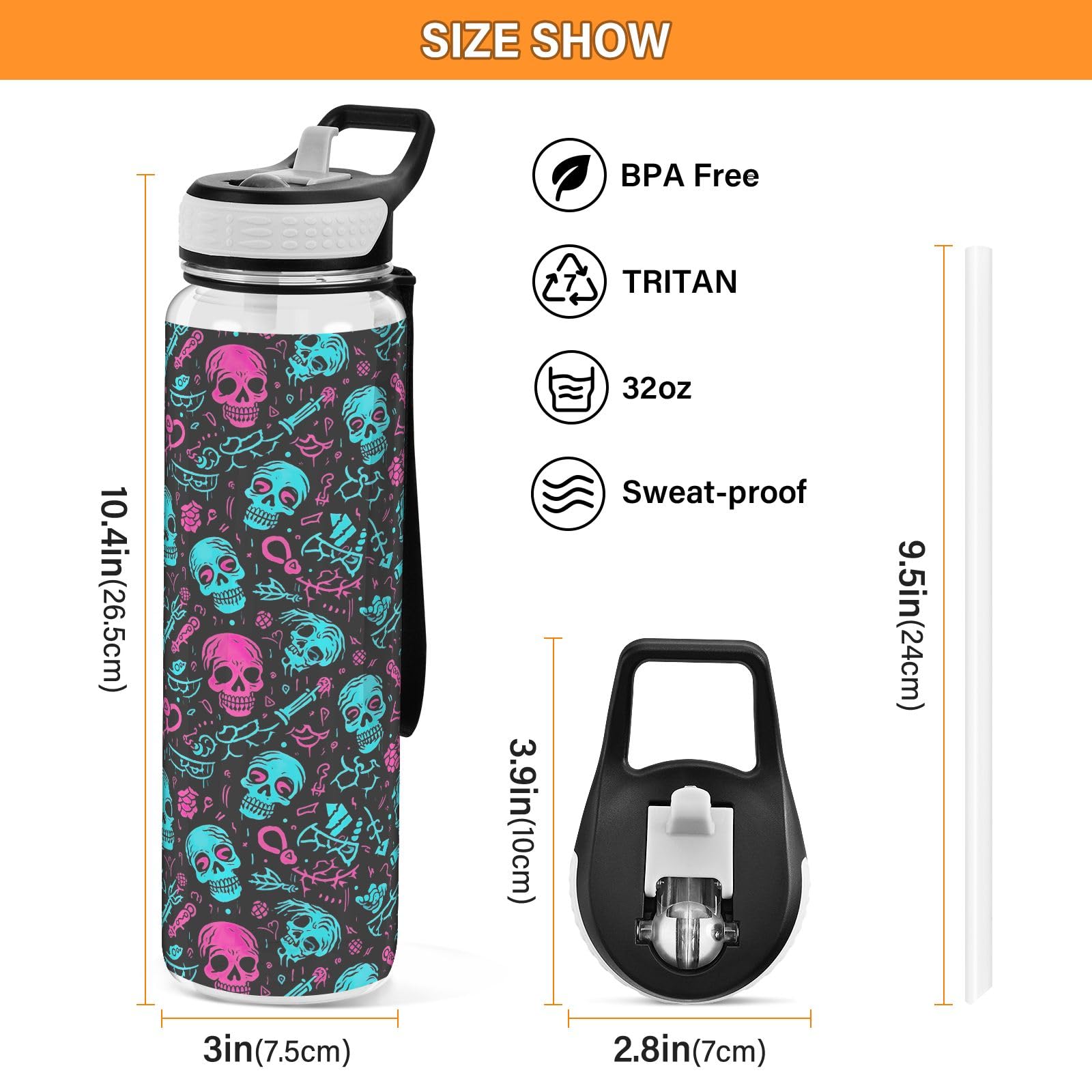 Edelstahl-Trinkflasche Mit Strohhalm – 900 Ml, Doppelwandig, Vakuumisoliert, Auslaufsicher, Graues Totenkopf-Motiv
