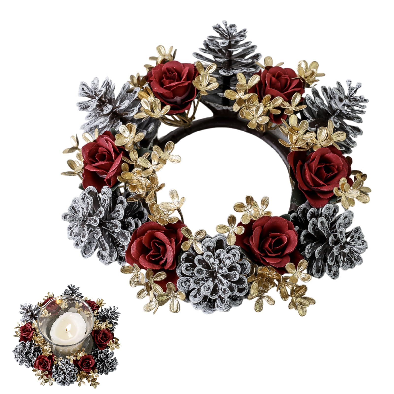 Pine Cone Candle Rings with Gold Flower & Red Rose - Christmas Centerpiece for New Year Table & Wall Decoration
