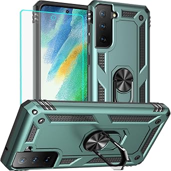 Samsung Galaxy S21 FE 5G Case with HD Screen Protector, Military Grade Protective Case with Ring Green